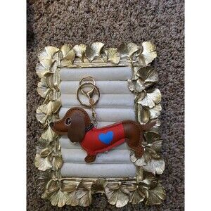 Brown Dog Key Chain with Red Outfit and Blue Heart Accent for Women Animal Heart
